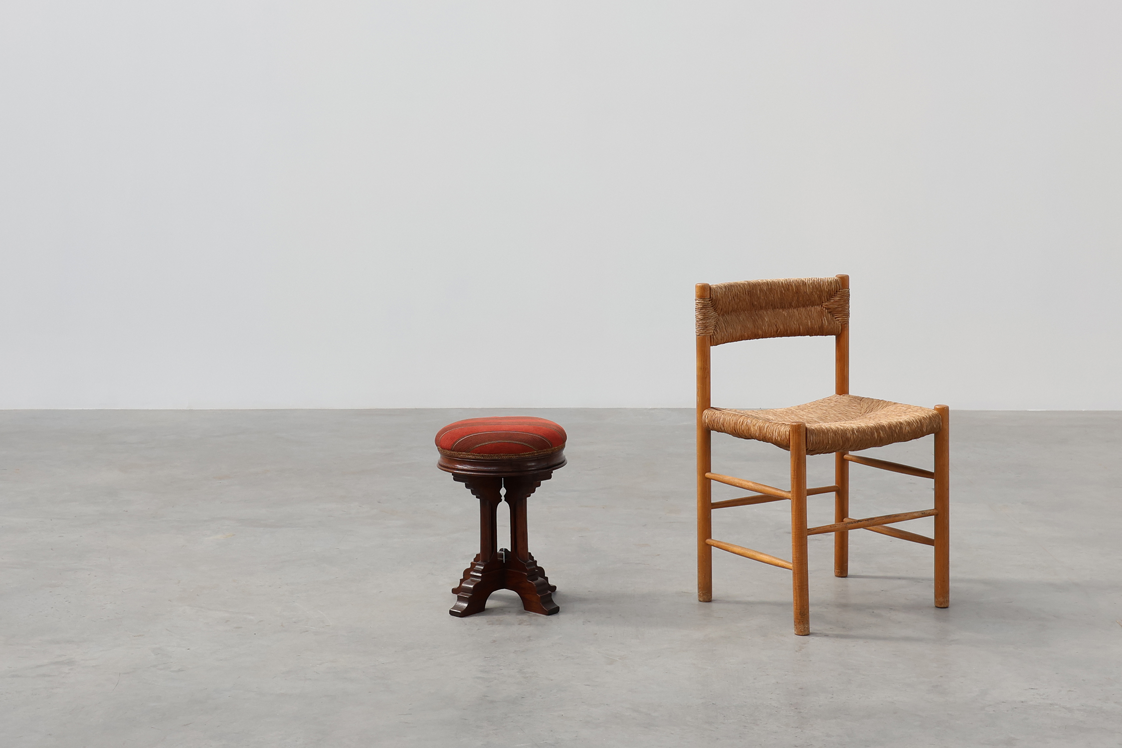 Neo Gothic oak stool with red velvet upholstery, France 1850thumbnail